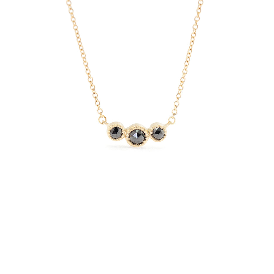 Handmade Picot necklace with three lacy bezel set black rose cut diamonds in 18K yellow gold by Designer Megan Thorne