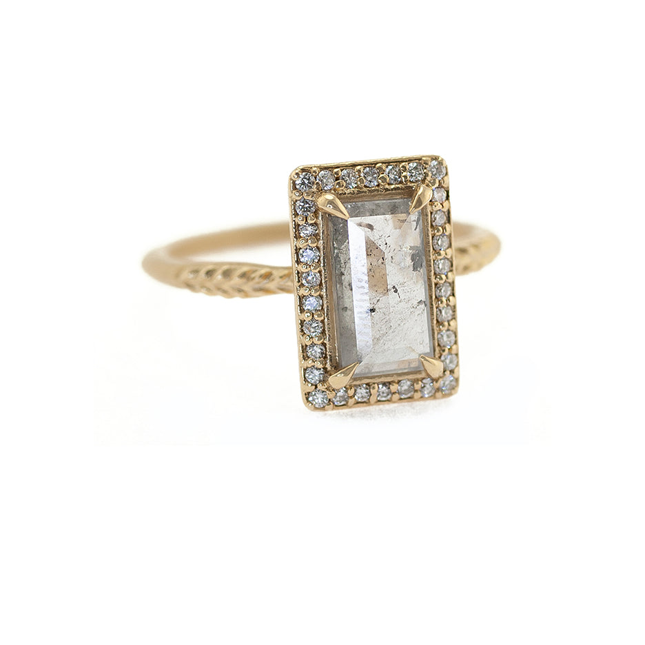 Handmade rectangle rose cut salt and pepper diamond halo engagement ring with botanical inspired Evergreen details in 18K yellow gold by Designer Megan Thorne