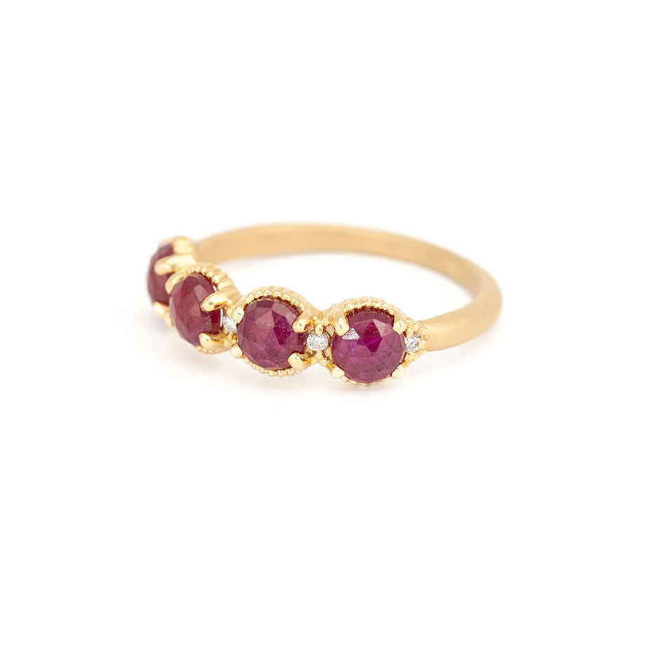 Ruby Textured Band in Yellow Gold with Rose Cut Gemstone Front View Three Quarter View