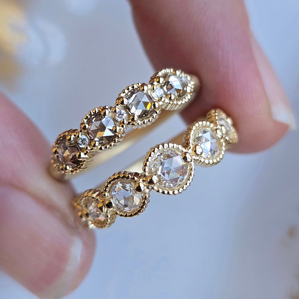 Champagne Rose Cut Diamond Band in Yellow Gold with Detailing Front View