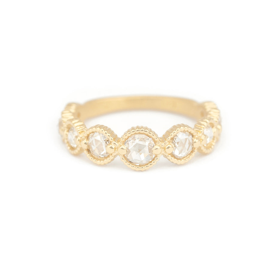 Rose Cut Diamond Wedding Band in Yellow Gold with Detailing Front View