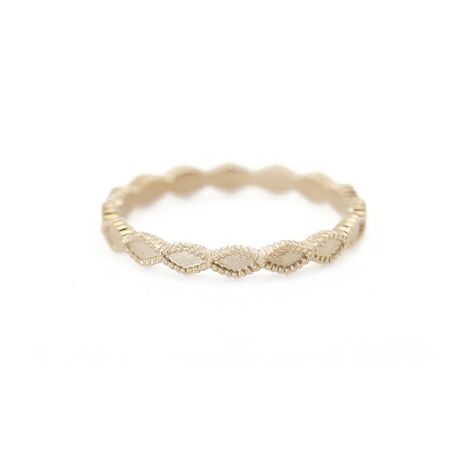Handmade simple plain thin wedding band with triangle scalloped ribbing in 18K yellow gold by Designer Megan Thorne