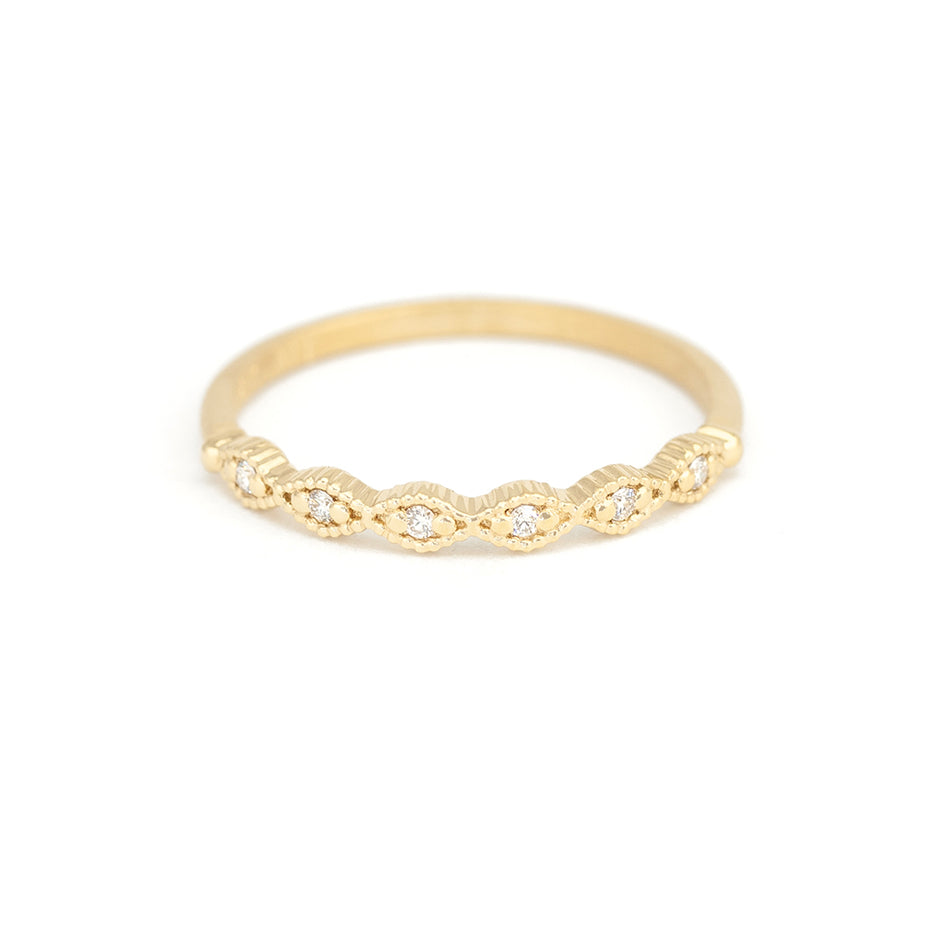 Textured Yellow Gold Wedding Band with Diamond Front View