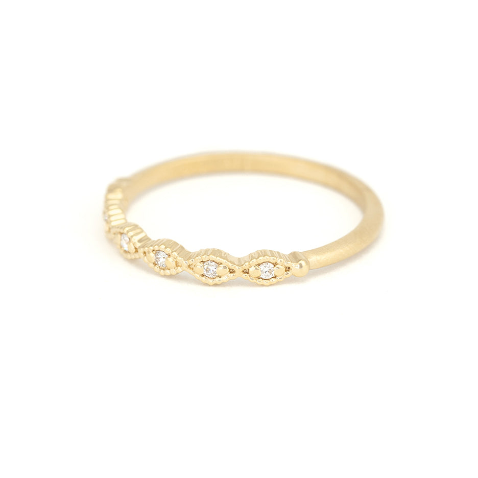 Textured Yellow Gold Wedding Band with Diamond Three Quarter View