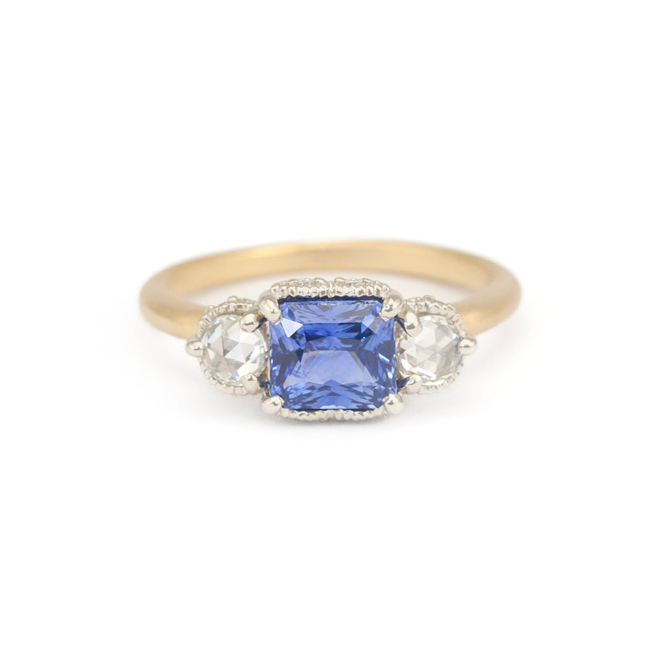 Blue Sapphire and Rose Cut Diamond Two Tone Ring with Detailing Front View