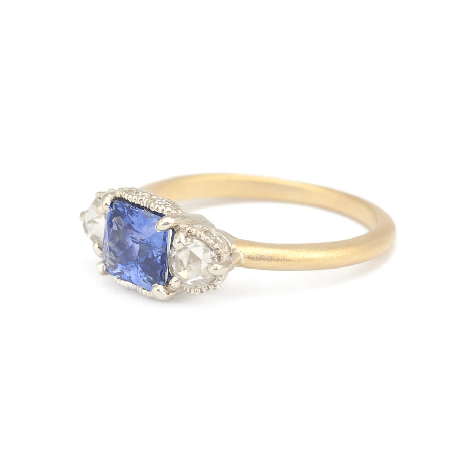 Blue Sapphire and Rose Cut Diamond Two Tone Ring with Detailing Three Quarter View