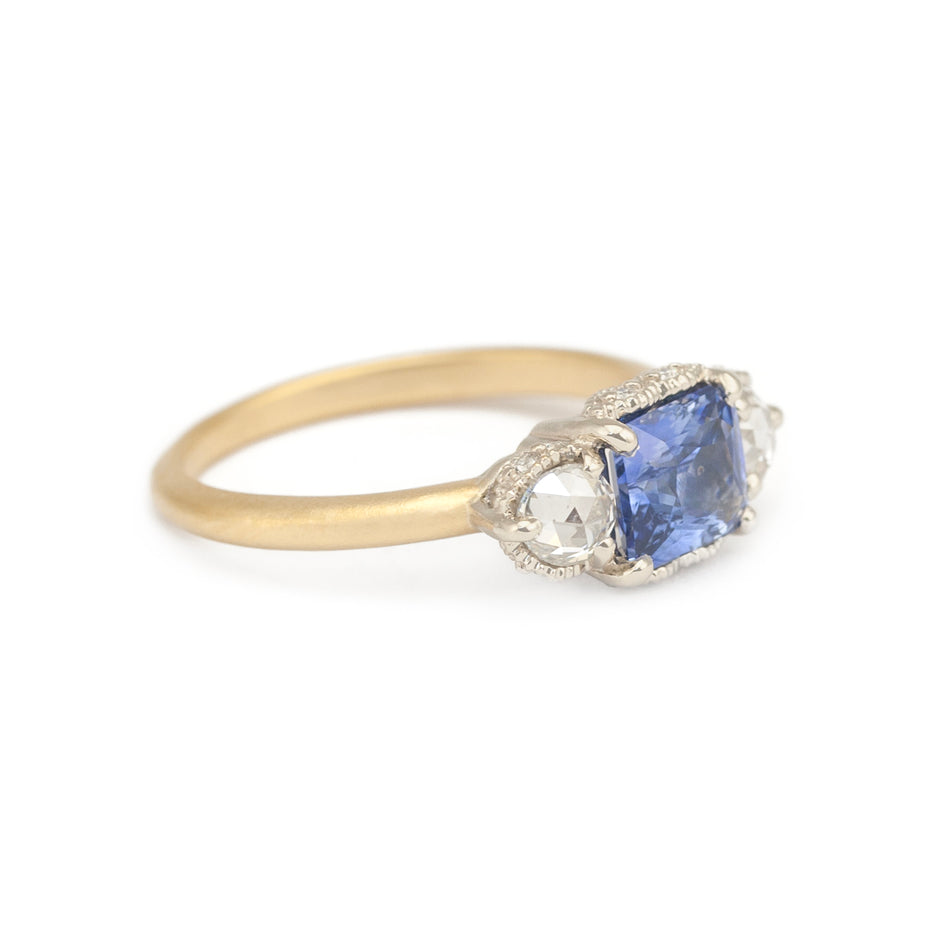Blue Sapphire and Rose Cut Diamond Two Tone Ring with Detailing Three Quarter View