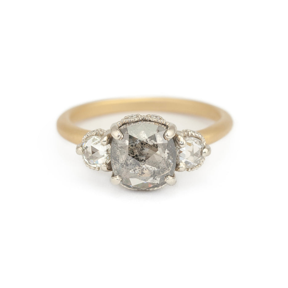 Salt and Pepper Diamond Ring in Two Tone Gold with Detailing Front View