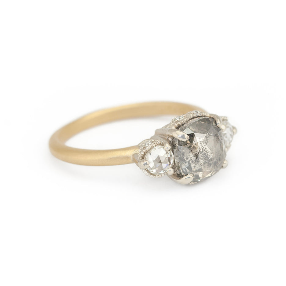 Salt and Pepper Diamond Ring in Two Tone Gold with Detailing Three Quarter View