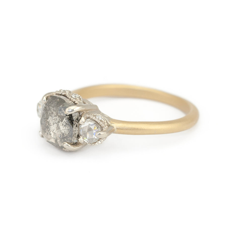 Salt and Pepper Diamond Ring in Two Tone Gold with Detailing Three Quarter View