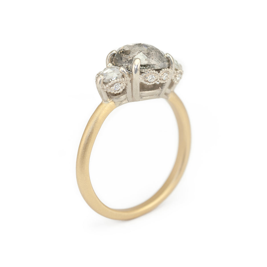 Salt and Pepper Diamond Ring in Two Tone Gold with Detailing Through Finger View