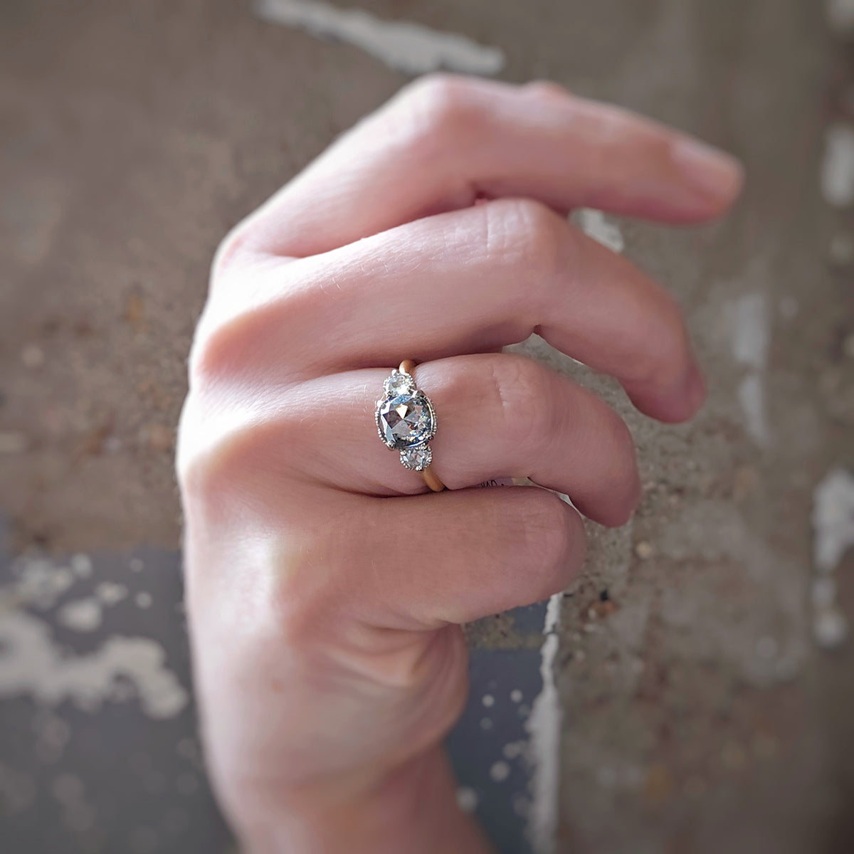 Ribbon Crown 3-Stone Ring (LC7585) - Salt and Pepper Diamond