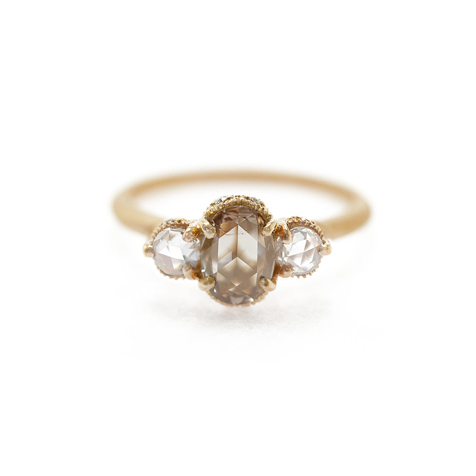 Ribbon Crown 3-Stone Ring (LC7888) Brown Diamond and Rose Cut Diamonds