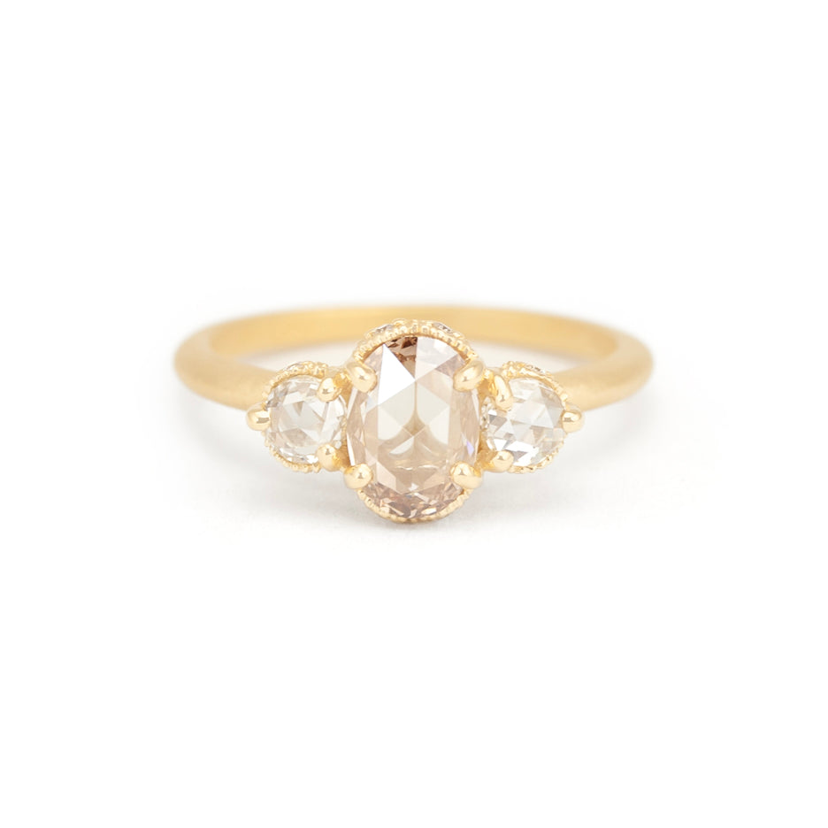 Rose Cut Brown Diamond Ring in Yellow Gold with Detailing Front View
