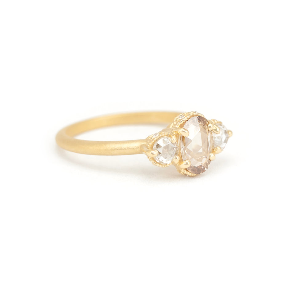 Rose Cut Brown Diamond Ring in Yellow Gold with Detailing Side View