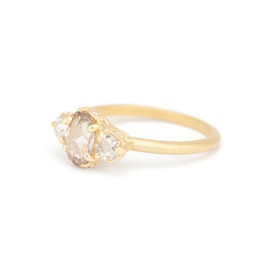 Rose Cut Brown Diamond Ring in Yellow Gold with Detailing Side View