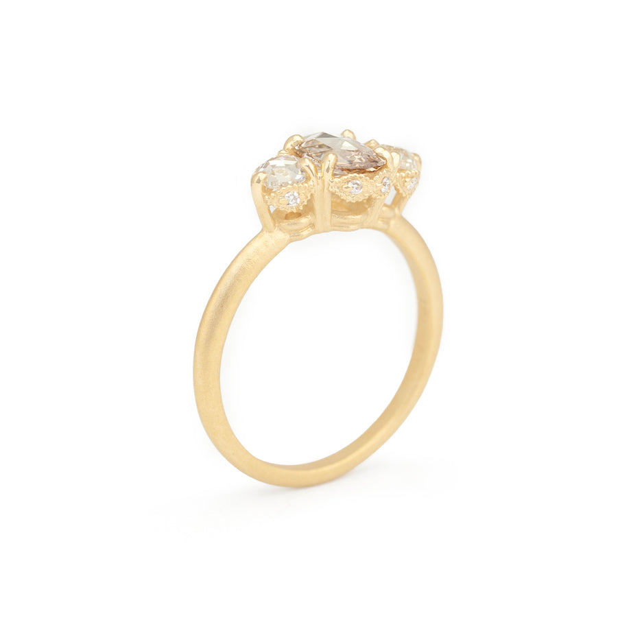 Rose Cut Brown Diamond Ring in Yellow Gold with Detailing Through Finger View