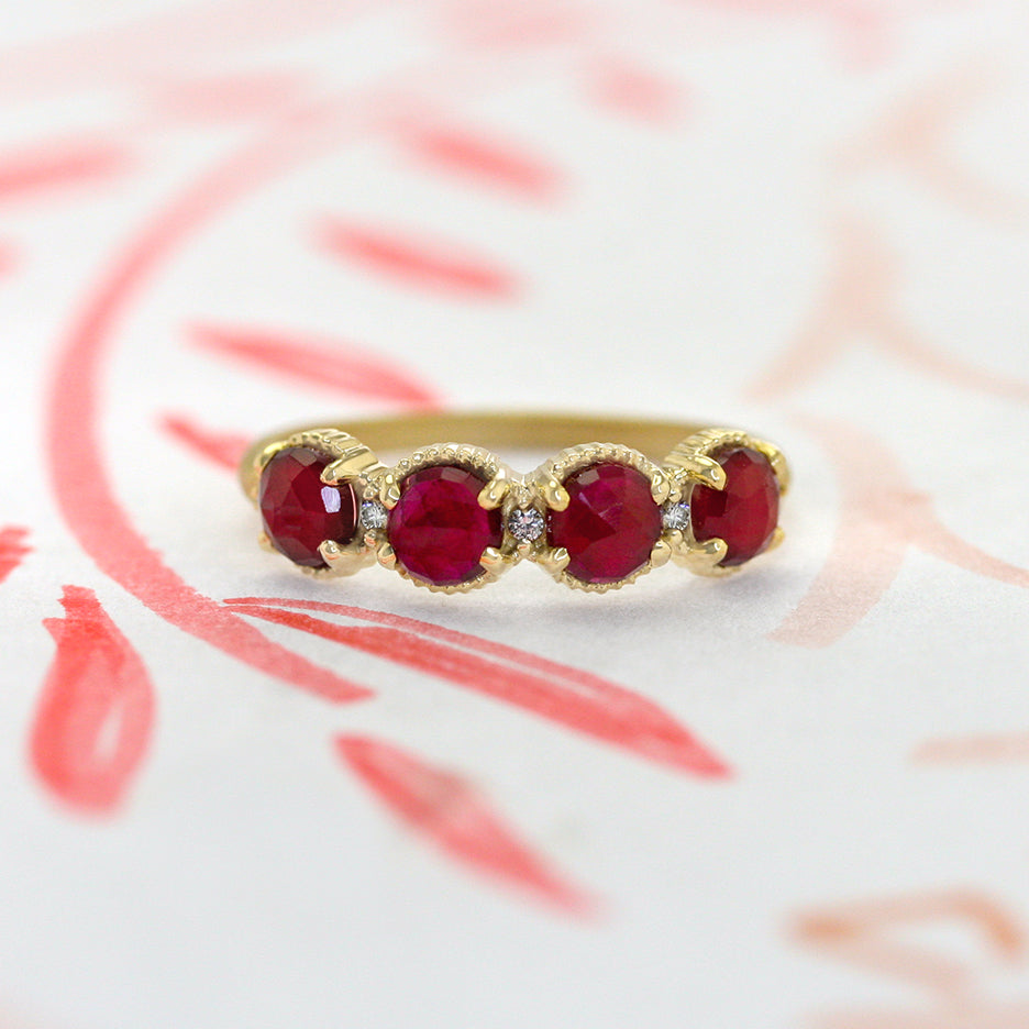 Ruby Textured Band in Yellow Gold with Rose Cut Gemstone on colored background