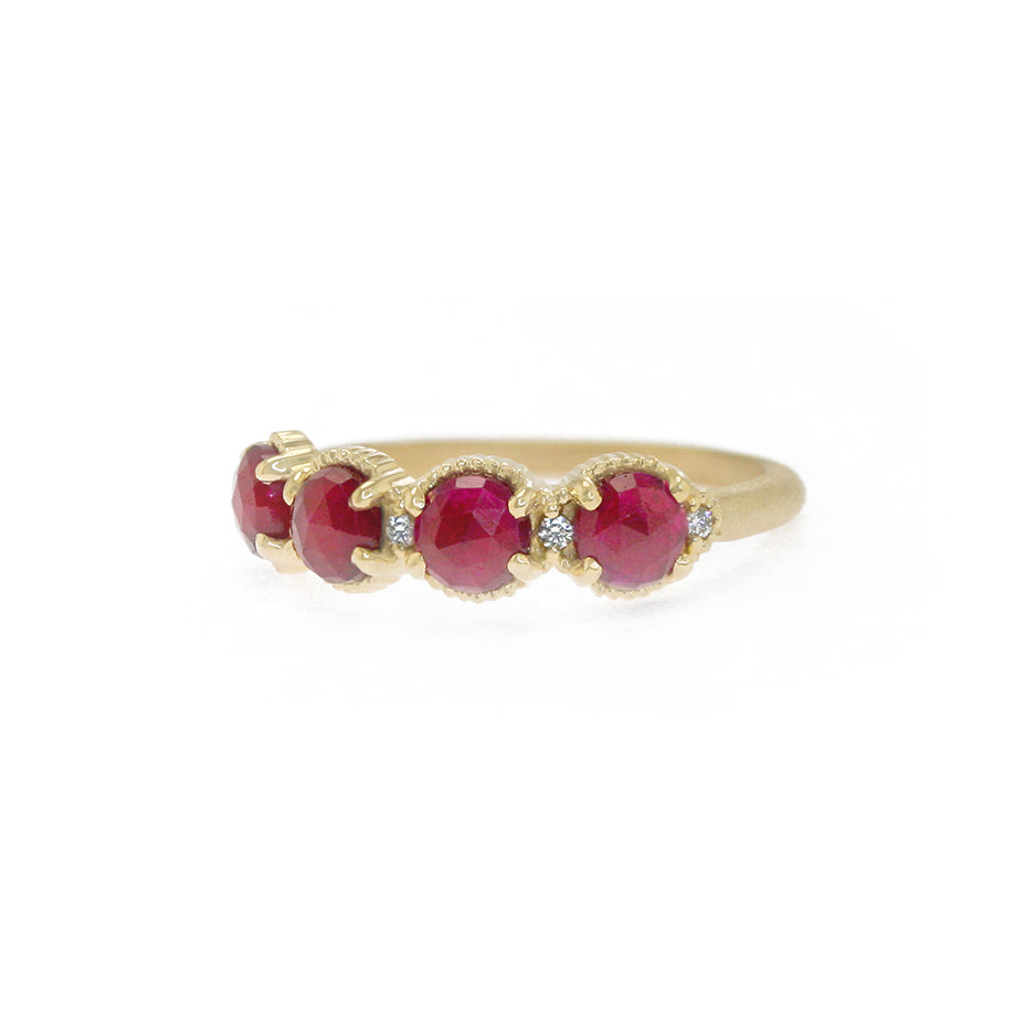 Handmade ribbed topper statement wedding band with rose cut rubies and diamonds in 18K yellow gold by Designer Megan Thorne