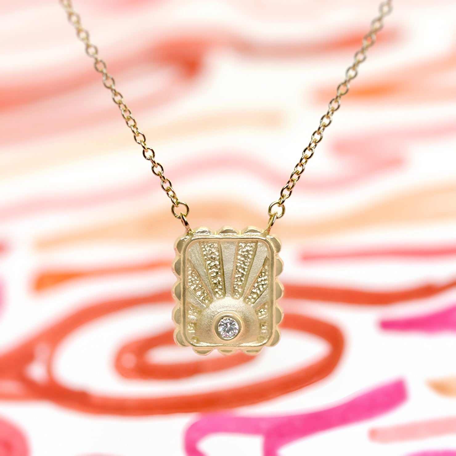 Yellow Gold Necklace with Detailing and Diamond Front View