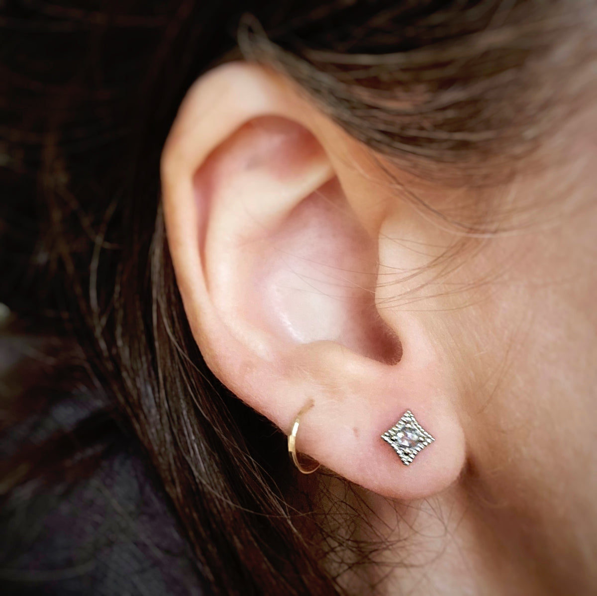 Ribbed Twinkle Studs - Rose Cut Salt and Pepper Diamond