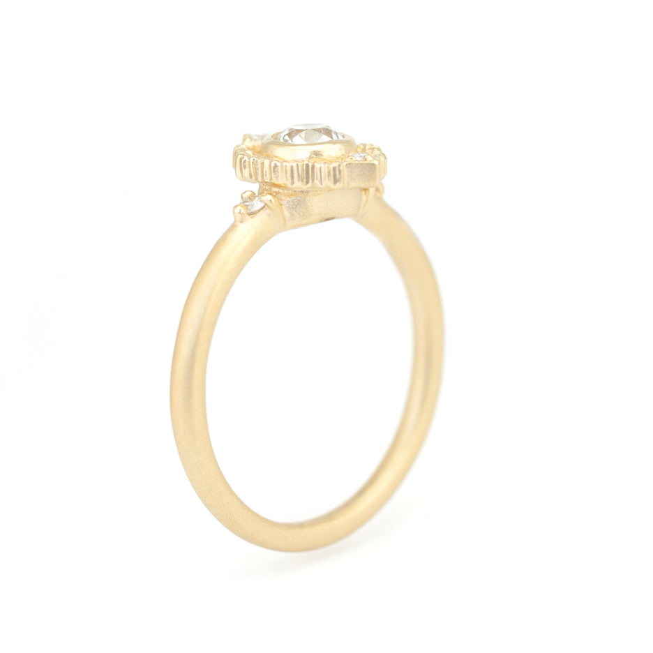 Antique Diamond Ring in Yellow Gold with Detailing Through Finger View