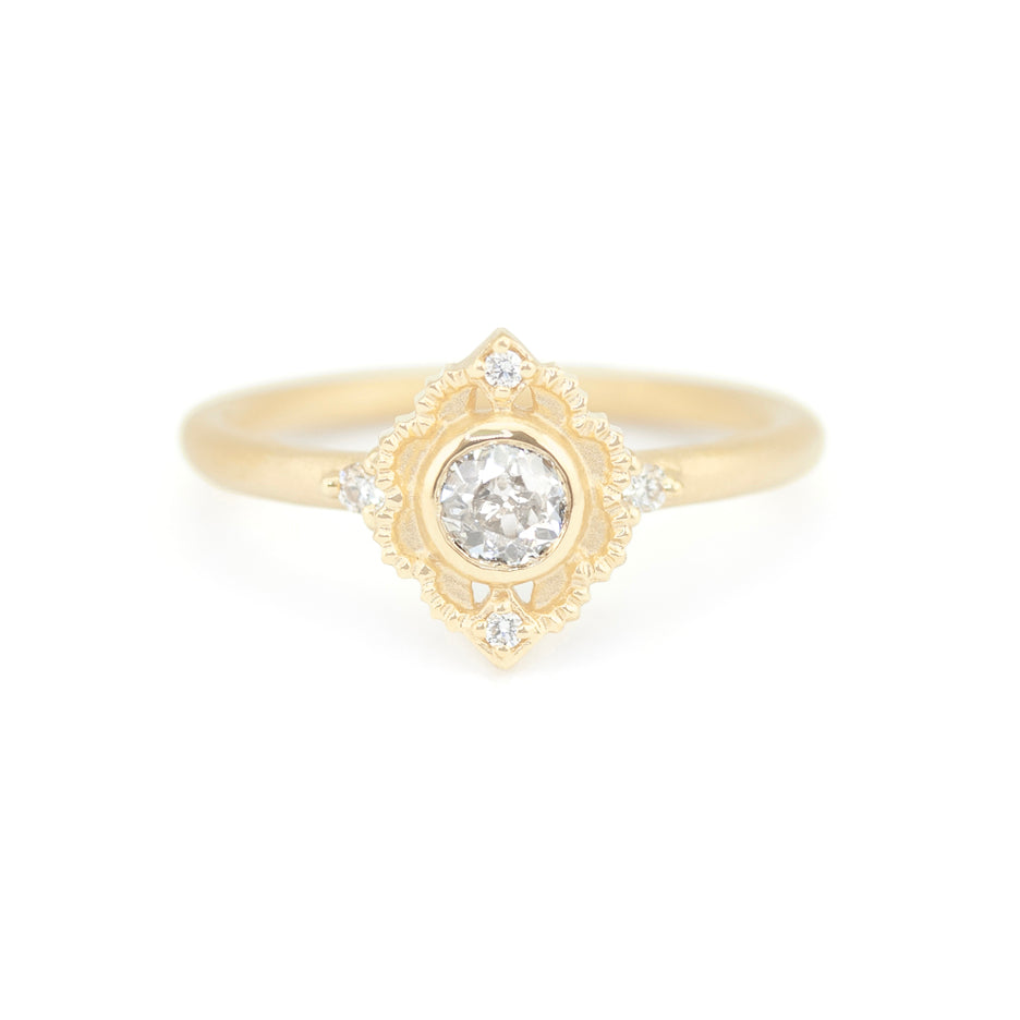 Antique Diamond Ring in Yellow Gold with Detailing Front View