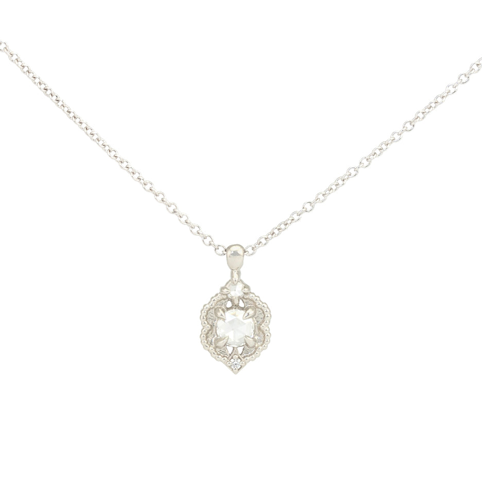 Rose Cut Diamond Necklace in White Gold with Detailing Front View