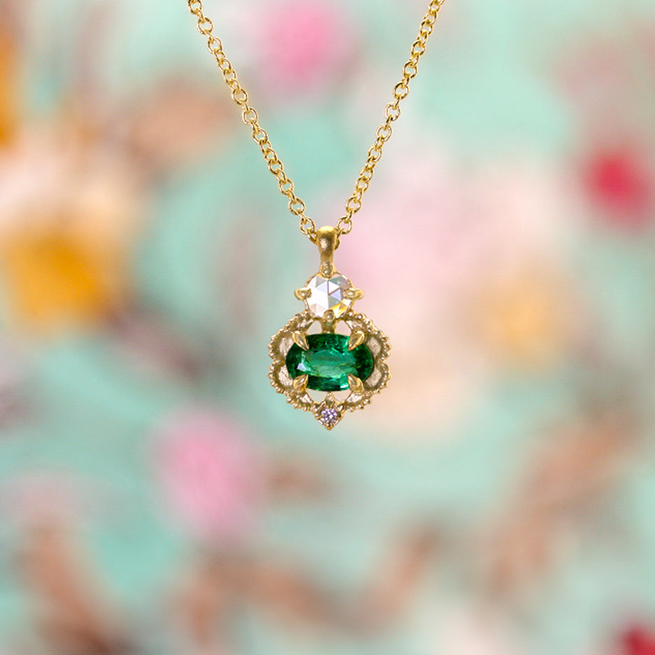 Handmade Venise Frame Necklace with Oval Emerald and Rose Cut Diamond accent with ribbed vintage inspired details in 18K yellow gold by Designer Megan Thorne 