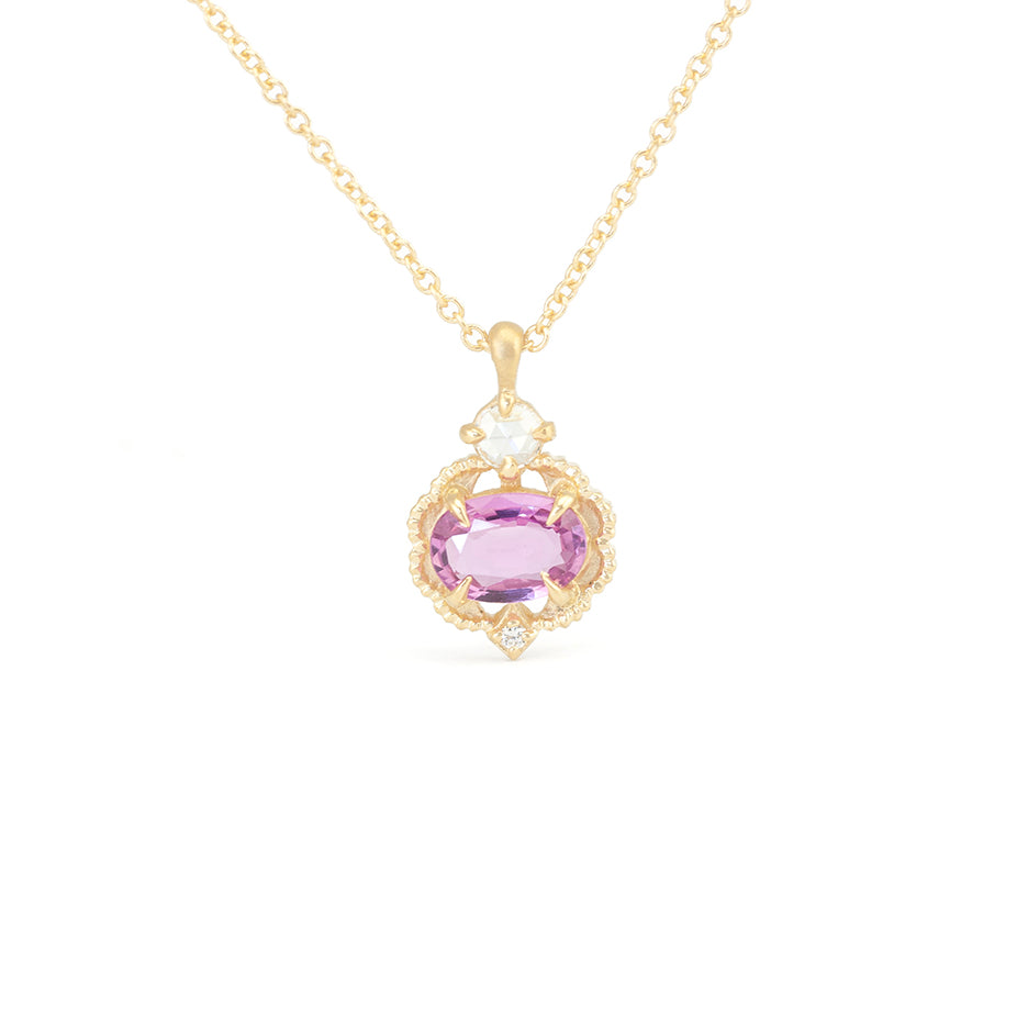Pink Sapphire Necklace with Rose Cut Diamond in Yellow Gold with Detailing Front View