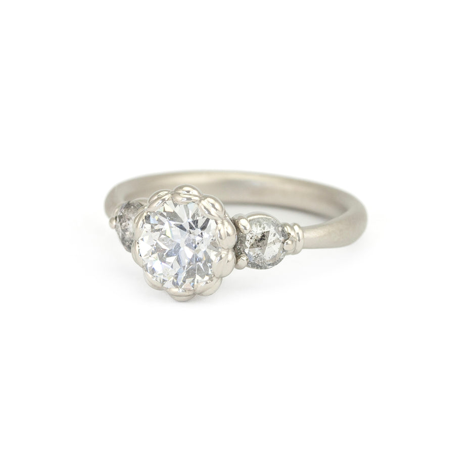 Antique Diamond Ring in White Gold with Detailing Three Quarter View