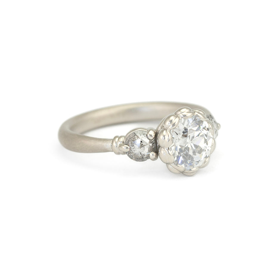 Antique Diamond Ring in White Gold with Detailing Three Quarter View
