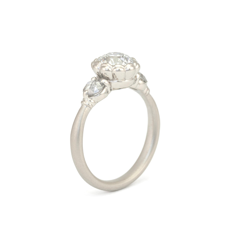Antique Diamond Ring in White Gold with Detailing Through Finger View