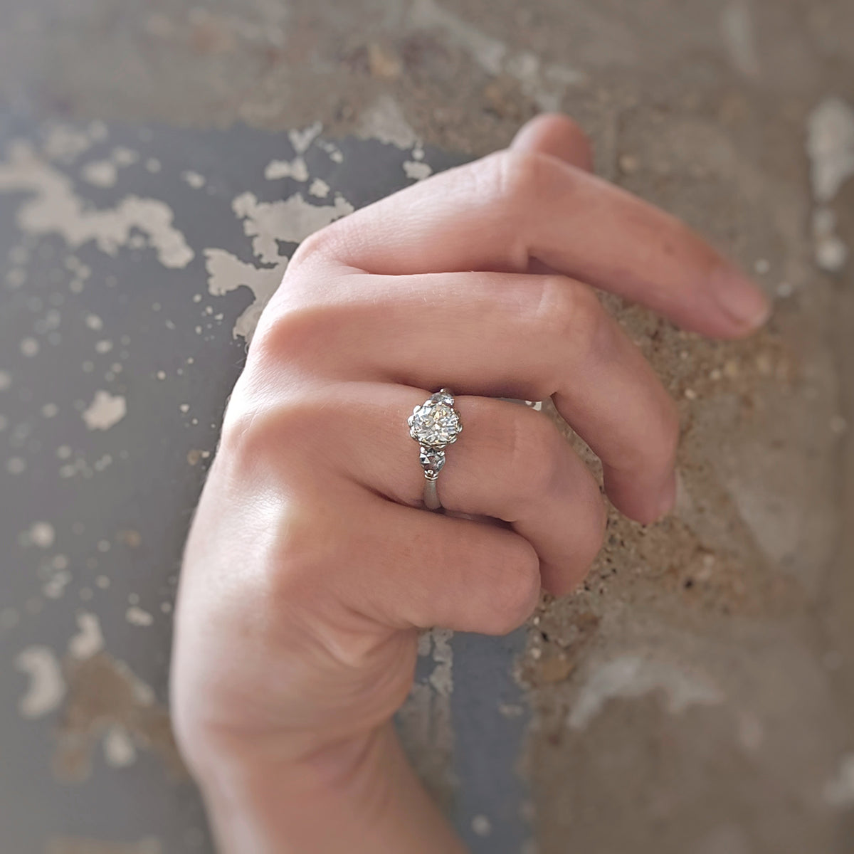 Vieira 3 Stone Ring (LC8412)- 1.08ct Antique Diamond with Salt and Pepper Side Diamonds