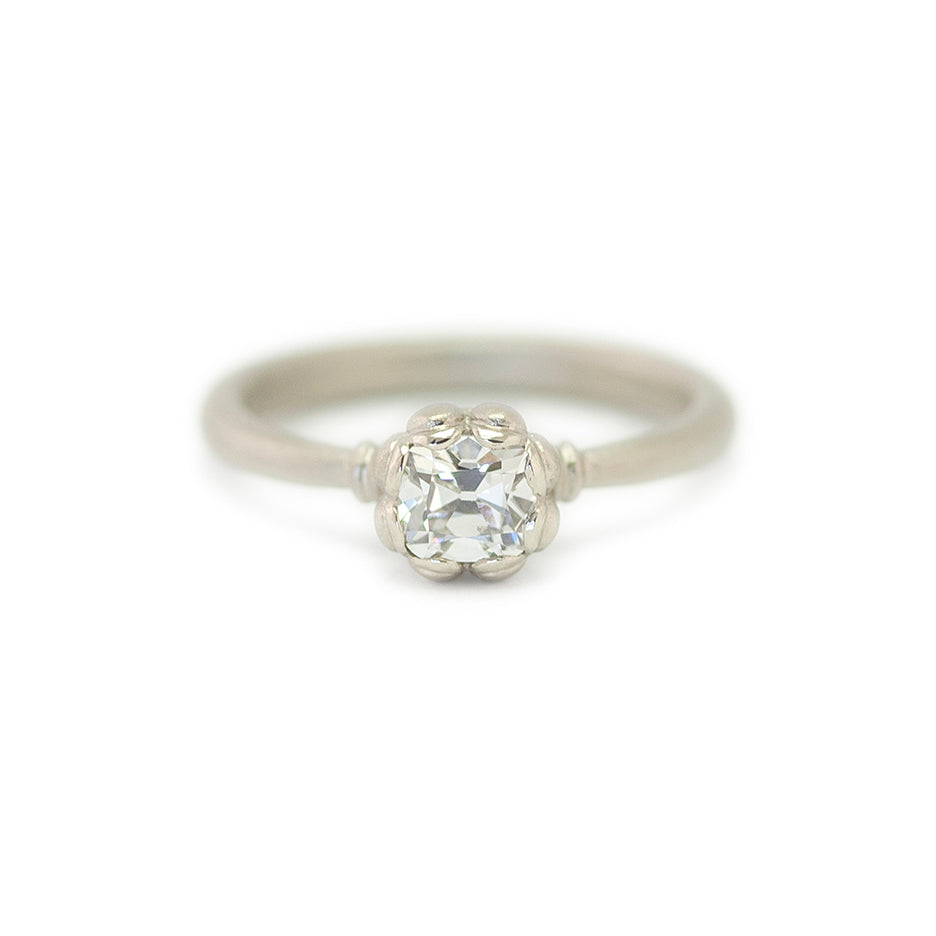 Handmade classic engagement ring with Old Mine Cut diamond and vintage inspired scalloped white gold