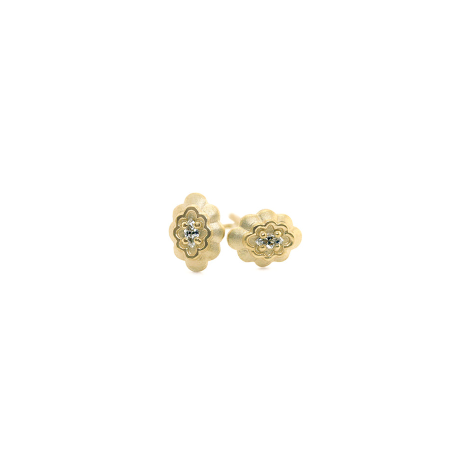 Handmade everyday marquise diamond studs with double scallop bezel and beaded prongs in 18K yellow gold by Designer Megan Thorne 