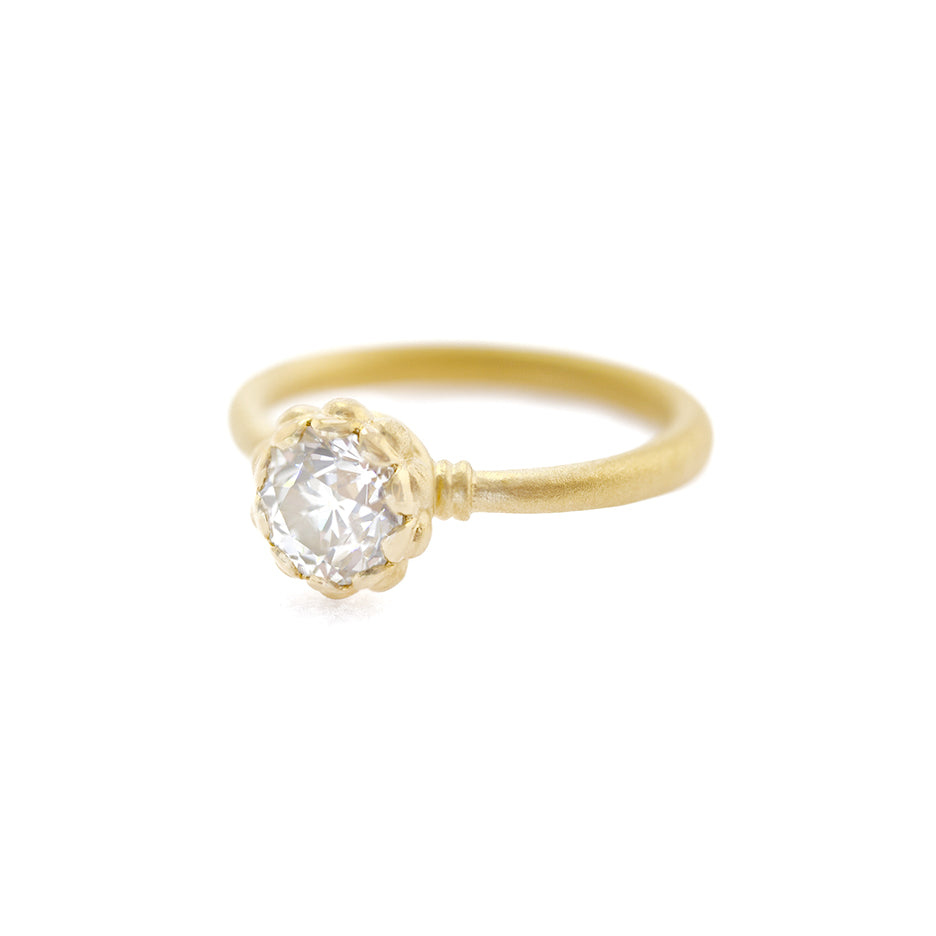 Handmade classic engagement ring with 1ct Old European Cut diamond and vintage inspired scalloped detailing with a striking symmetrical profile in 18K yellow gold by Designer Megan Thorne