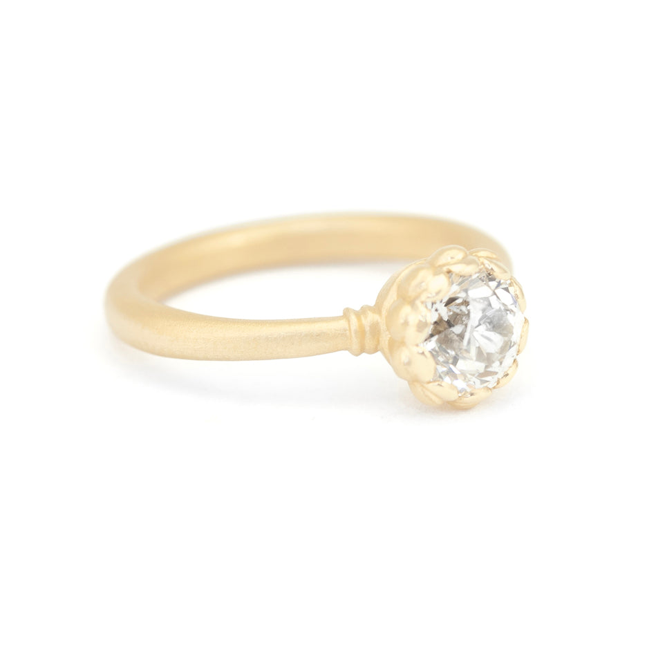 Handmade classic engagement ring with 1ct Old European Cut diamond and vintage inspired scalloped detailing with a striking symmetrical profile in 18K yellow gold by Designer Megan Thorne