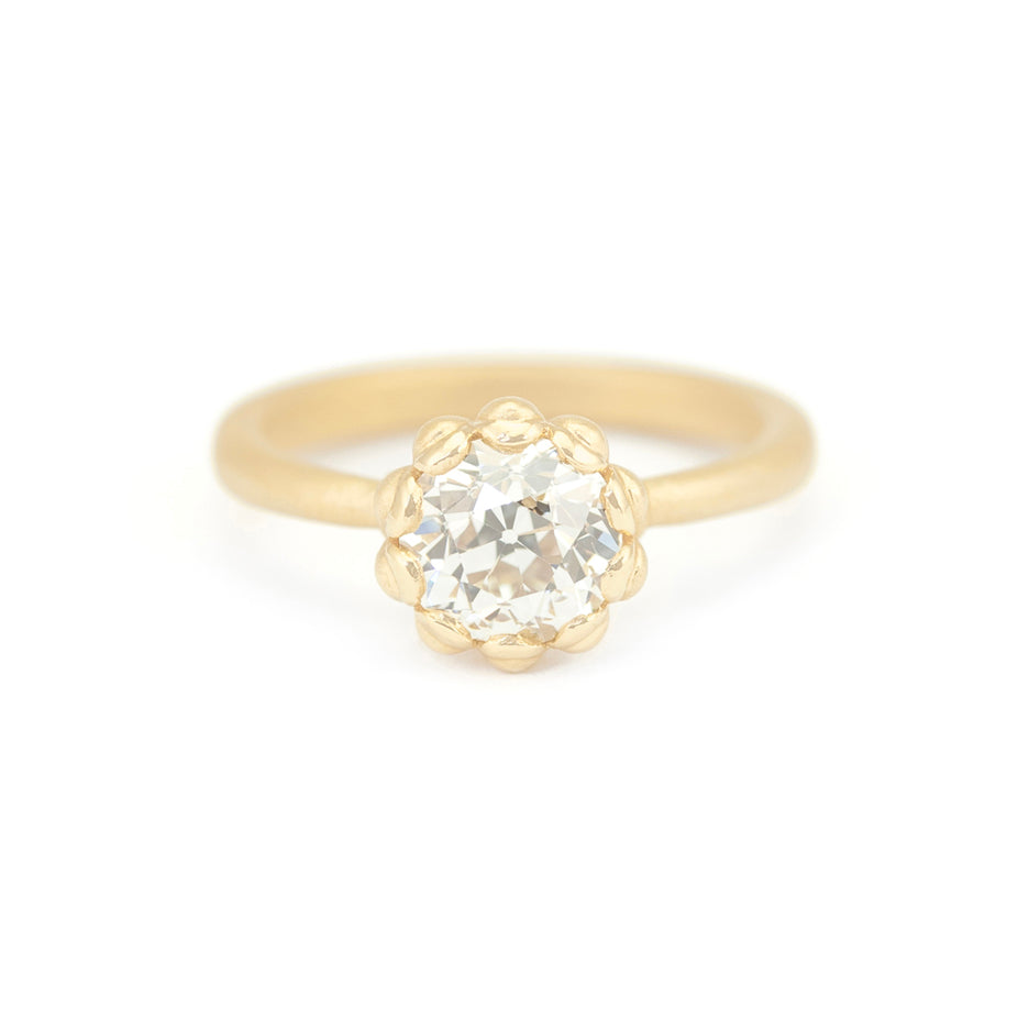 Handmade classic engagement ring with 1.41ct Old European Cut diamond and vintage inspired scalloped detailing with a striking symmetrical profile in 18K yellow gold by Designer Megan Thorne