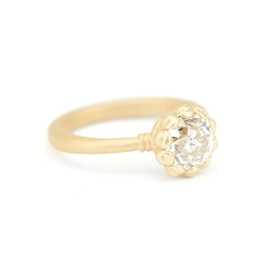 Handmade classic engagement ring with 1.41ct Old European Cut diamond and vintage inspired scalloped detailing with a striking symmetrical profile in 18K yellow gold by Designer Megan Thorne