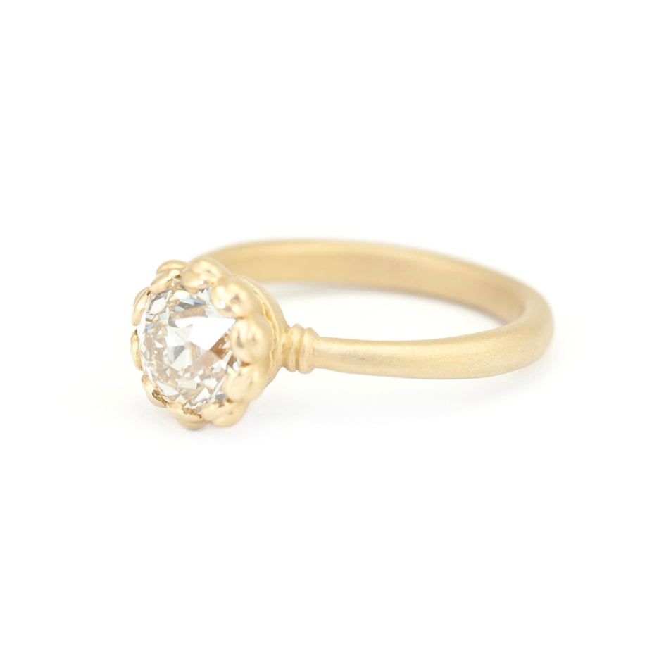 Handmade classic engagement ring with 1.41ct Old European Cut diamond and vintage inspired scalloped detailing with a striking symmetrical profile in 18K yellow gold by Designer Megan Thorne