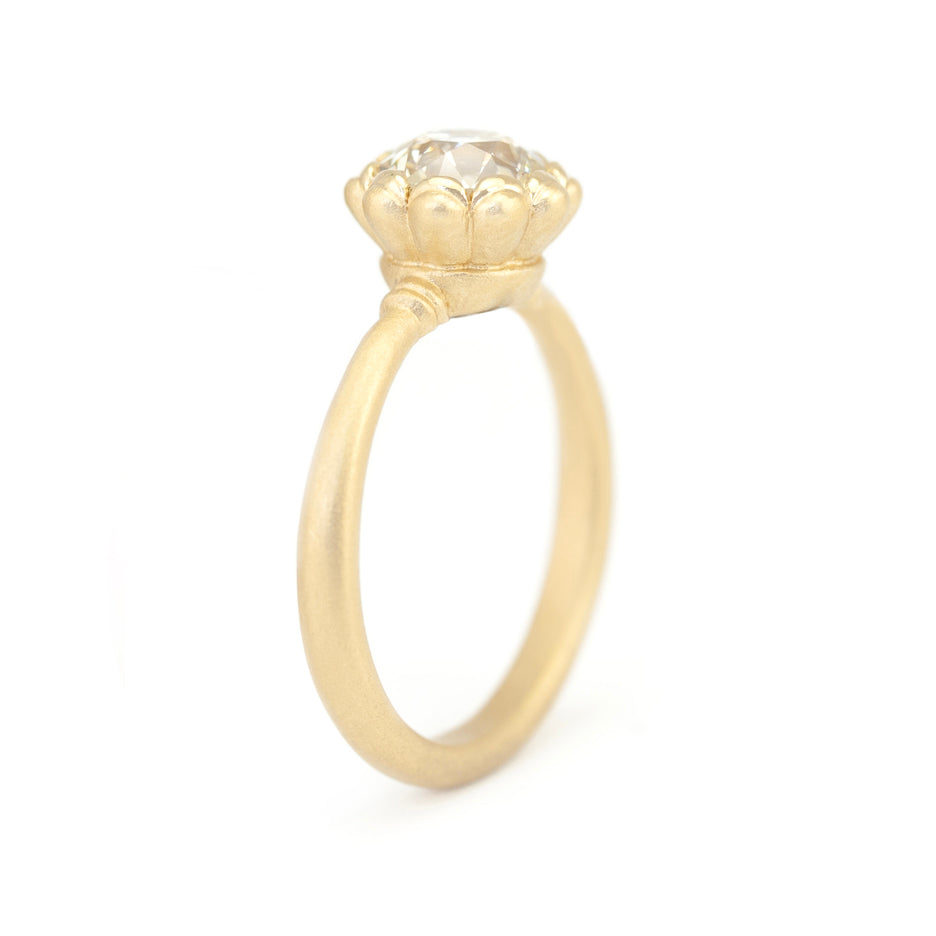 Handmade classic engagement ring with 1.41ct Old European Cut diamond and vintage inspired scalloped detailing with a striking symmetrical profile in 18K yellow gold by Designer Megan Thorne
