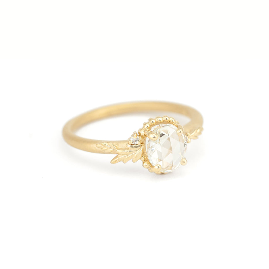 Rose Cut Diamond Engagement Ring in Yellow Gold with Botanical Detailing Front View