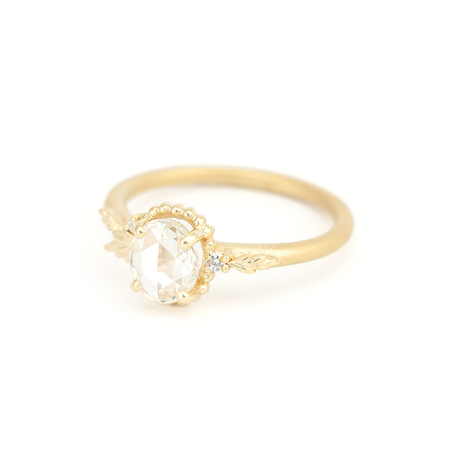 Rose Cut Diamond Engagement Ring in Yellow Gold with Botanical Detailing Side View
