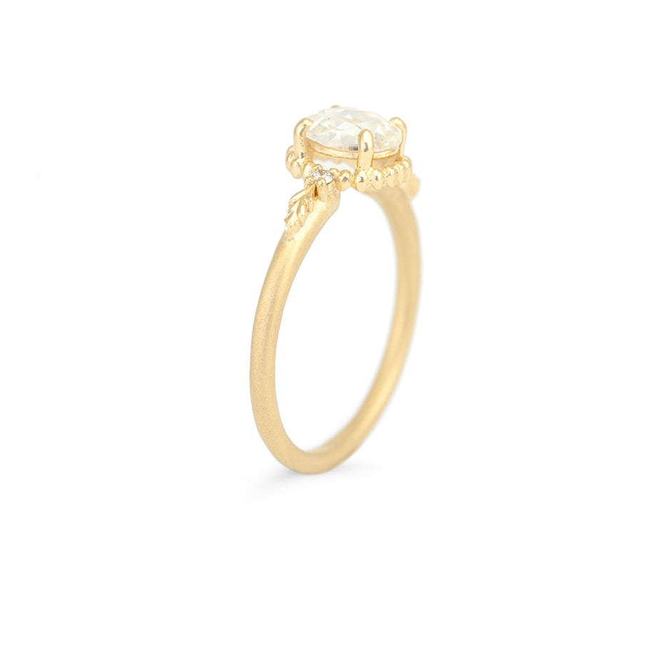 Rose Cut Diamond Engagement Ring in Yellow Gold with Botanical Detailing Through Finger View