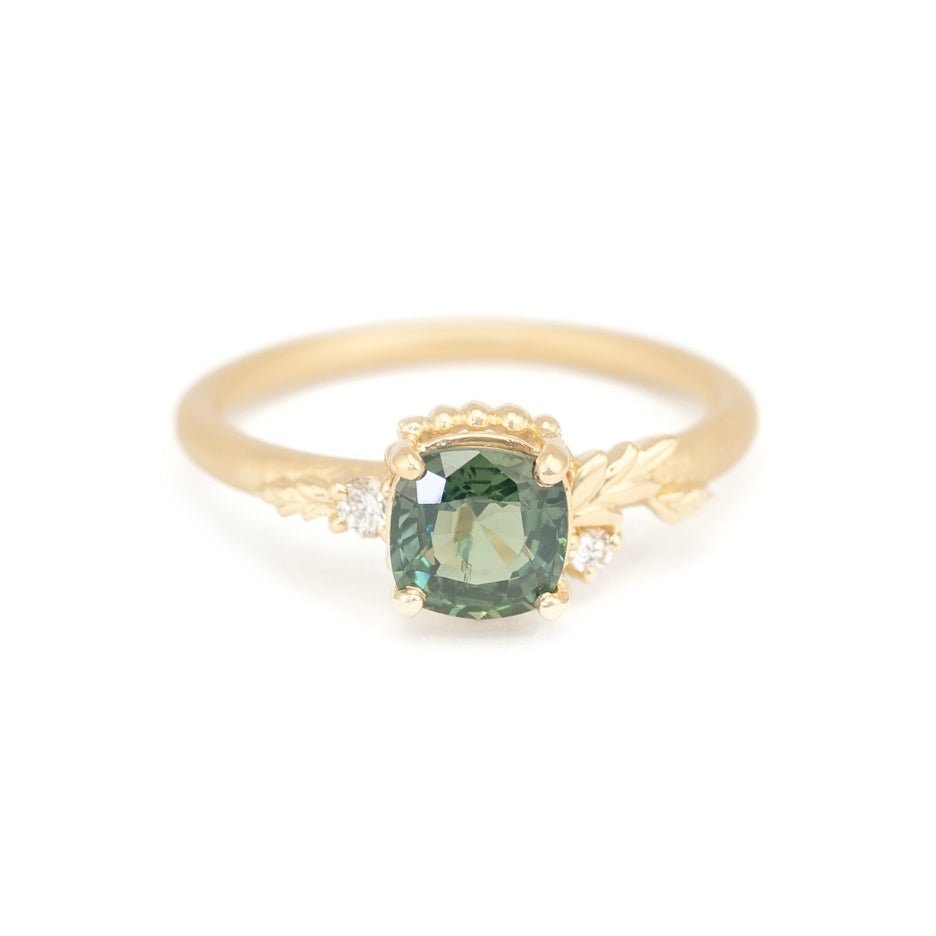 Green Sapphire Engagement Ring in Yellow Gold with Botanical Detail Front View