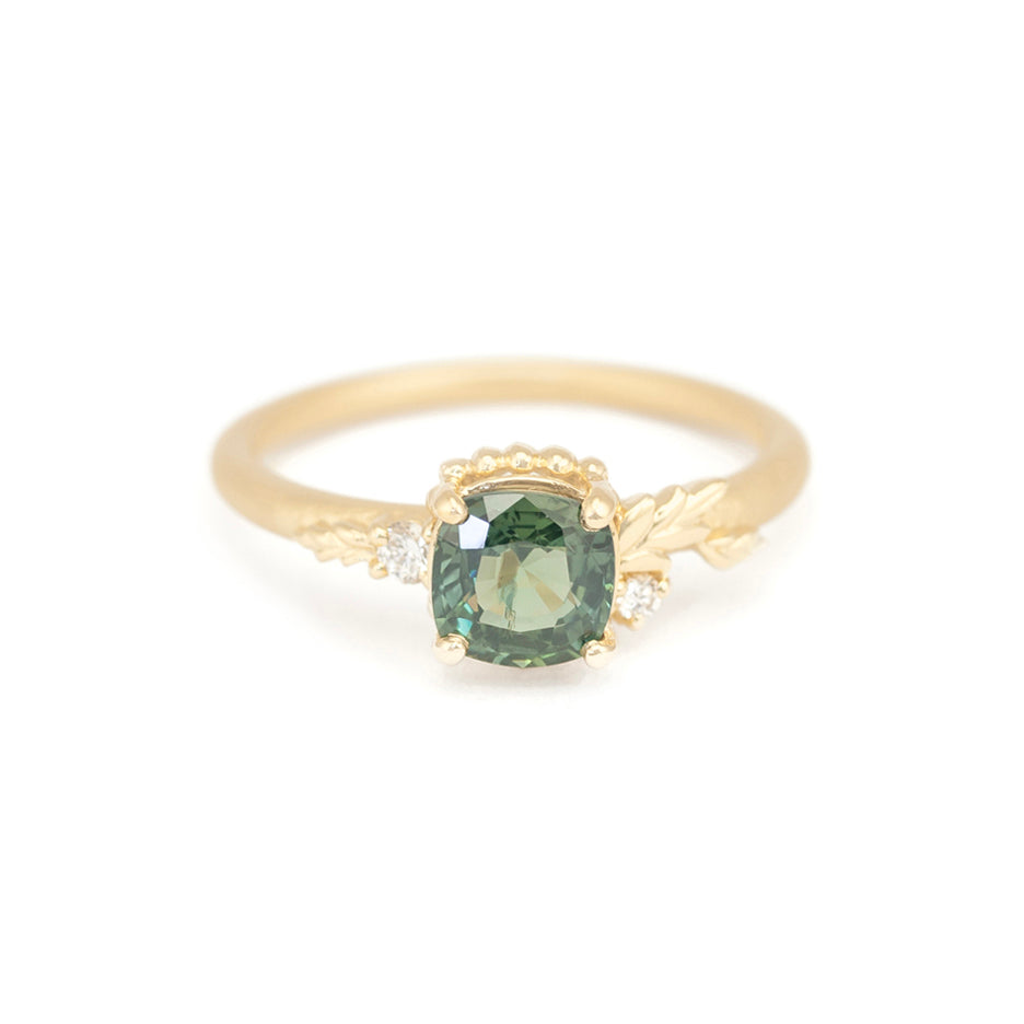 Green Sapphire Engagement Ring in Yellow Gold with Botanical Detail Front View