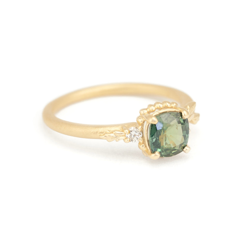 Green Sapphire Engagement Ring in Yellow Gold with Botanical Detail Side View