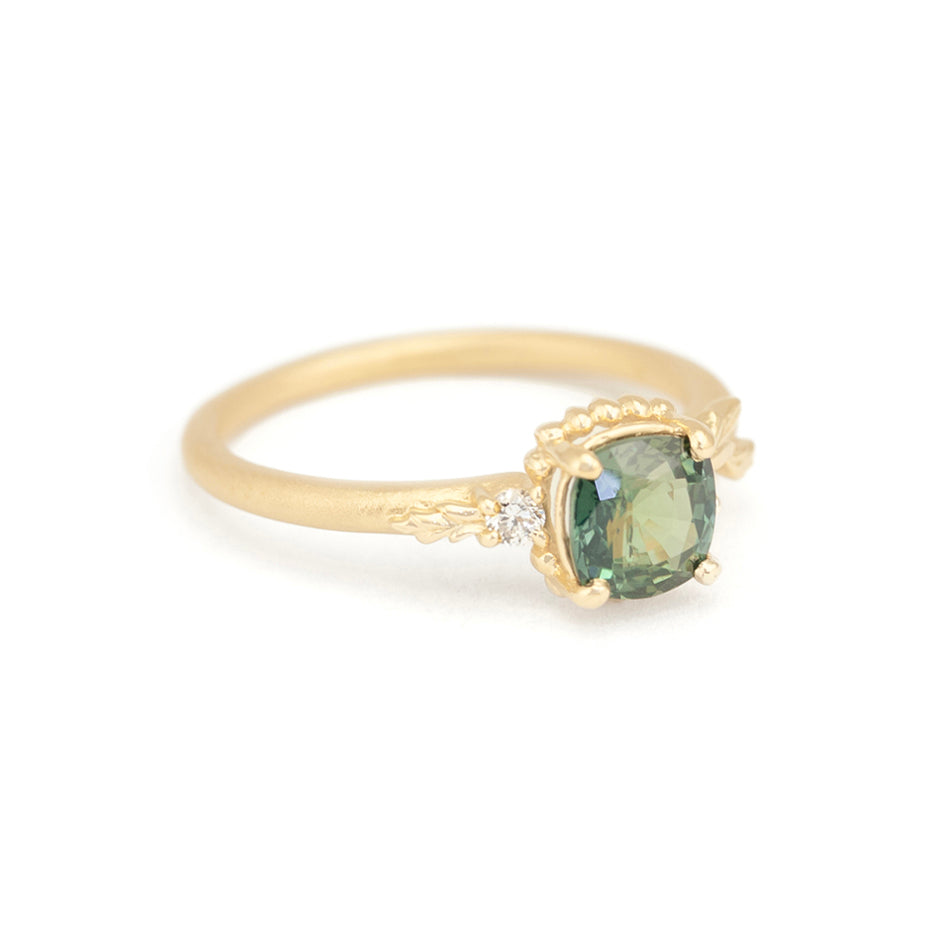 Green Sapphire Engagement Ring in Yellow Gold with Botanical Detail Side View