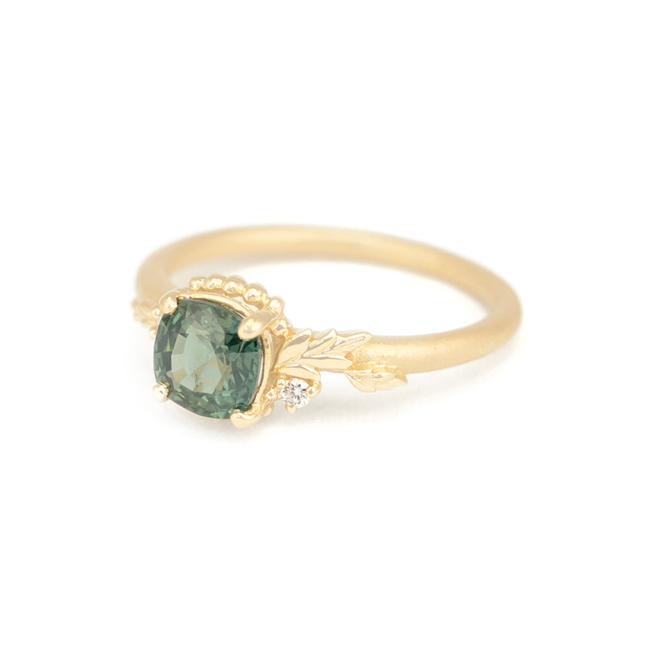 Green Sapphire Engagement Ring in Yellow Gold with Botanical Detail Side View